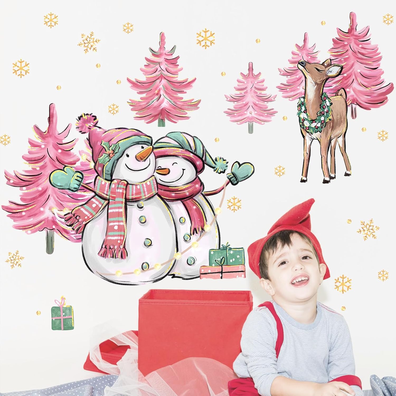 Yovkky Calcomanías de pared de muñeco de nieve de Navidad, árbol de Navidad rosa, reno de alce de Navidad, decoración de dormitorio de Año Nuevo,