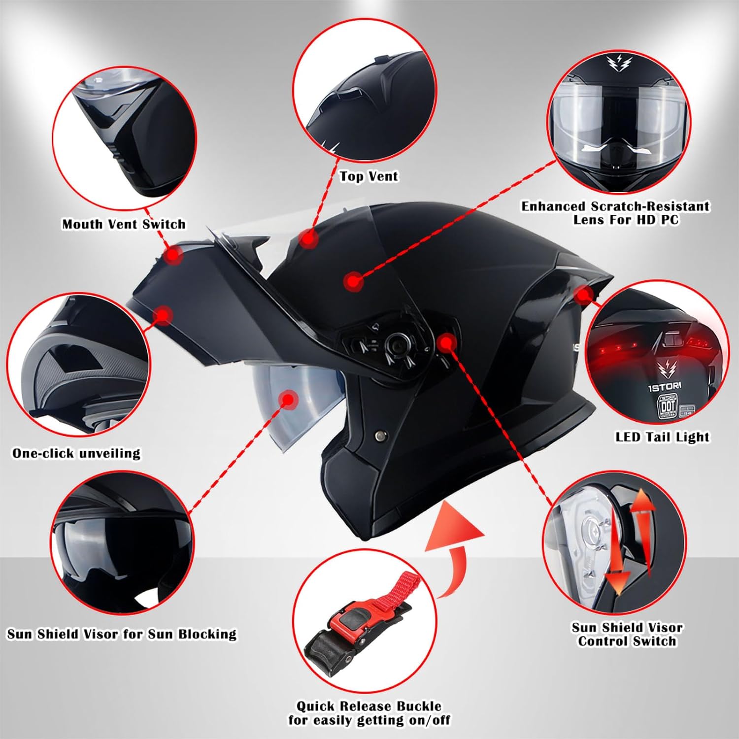 1Storm Nuevo casco modular de cara completa para motocicleta, escudo solar de doble visera con luz trasera LED recargable negro mate