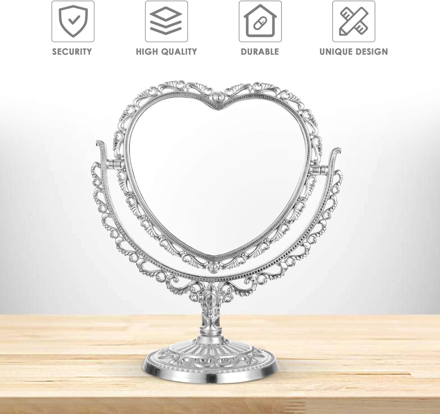 Uonlytech Espejo de belleza en forma de corazón, espejo de corazón plateado, espejo de corazón de doble cara para baño, dormitorio, espejo de regalo