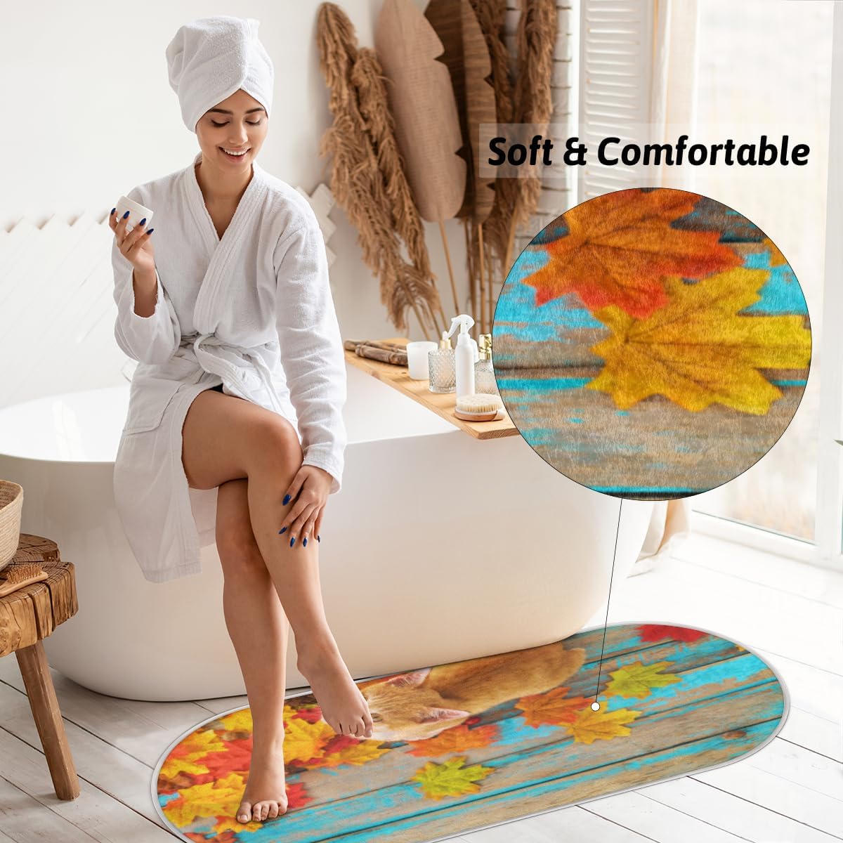 Cat Maple Leaves Memory Foam Bathroom Rug Runner Soft Cozy Bath Rug Water Absorbent Non-Slip Bathroom Mat Thick Velvet Shower Mat Bath Mat for