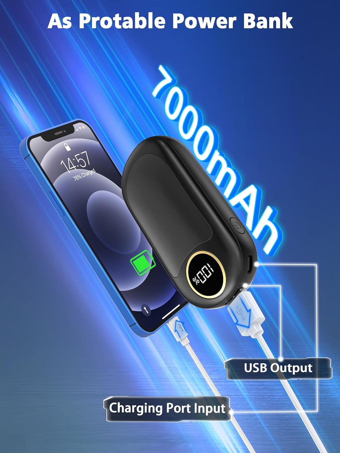 Calentadores de manos recargables, calentadores de manos eléctricos de 7000 mAh hasta 18 horas de calor, calentadores de manos de doble cara con