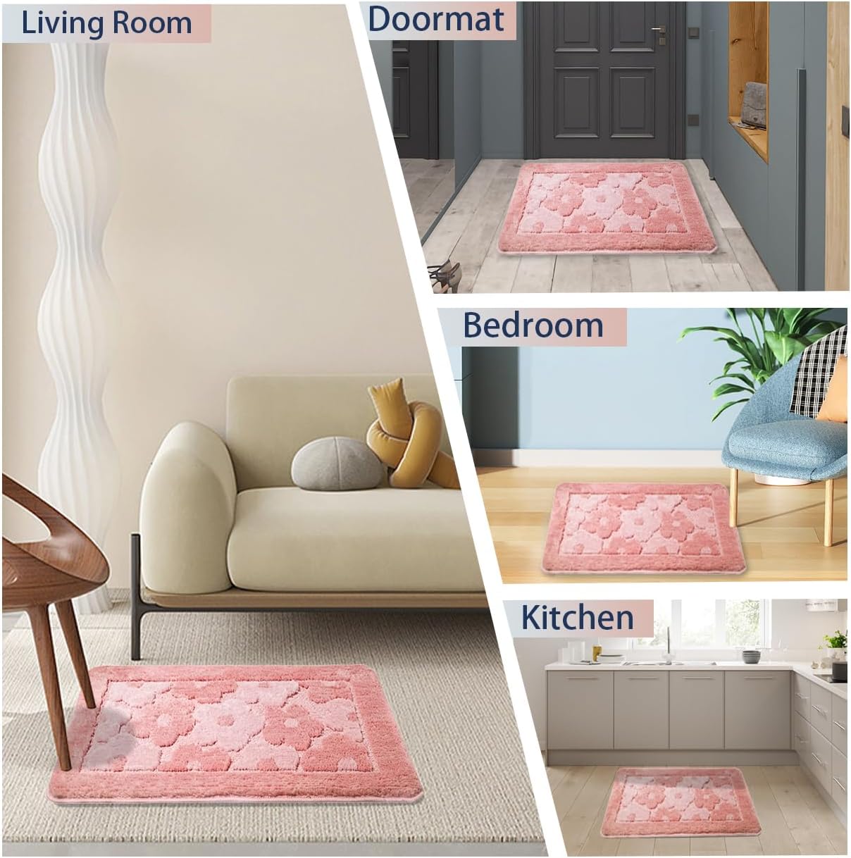 Tapete de baño con diseño de flores rosas, bonito tapete de baño de microfibra ultrasuave, antideslizante, súper absorbente de agua, de secado