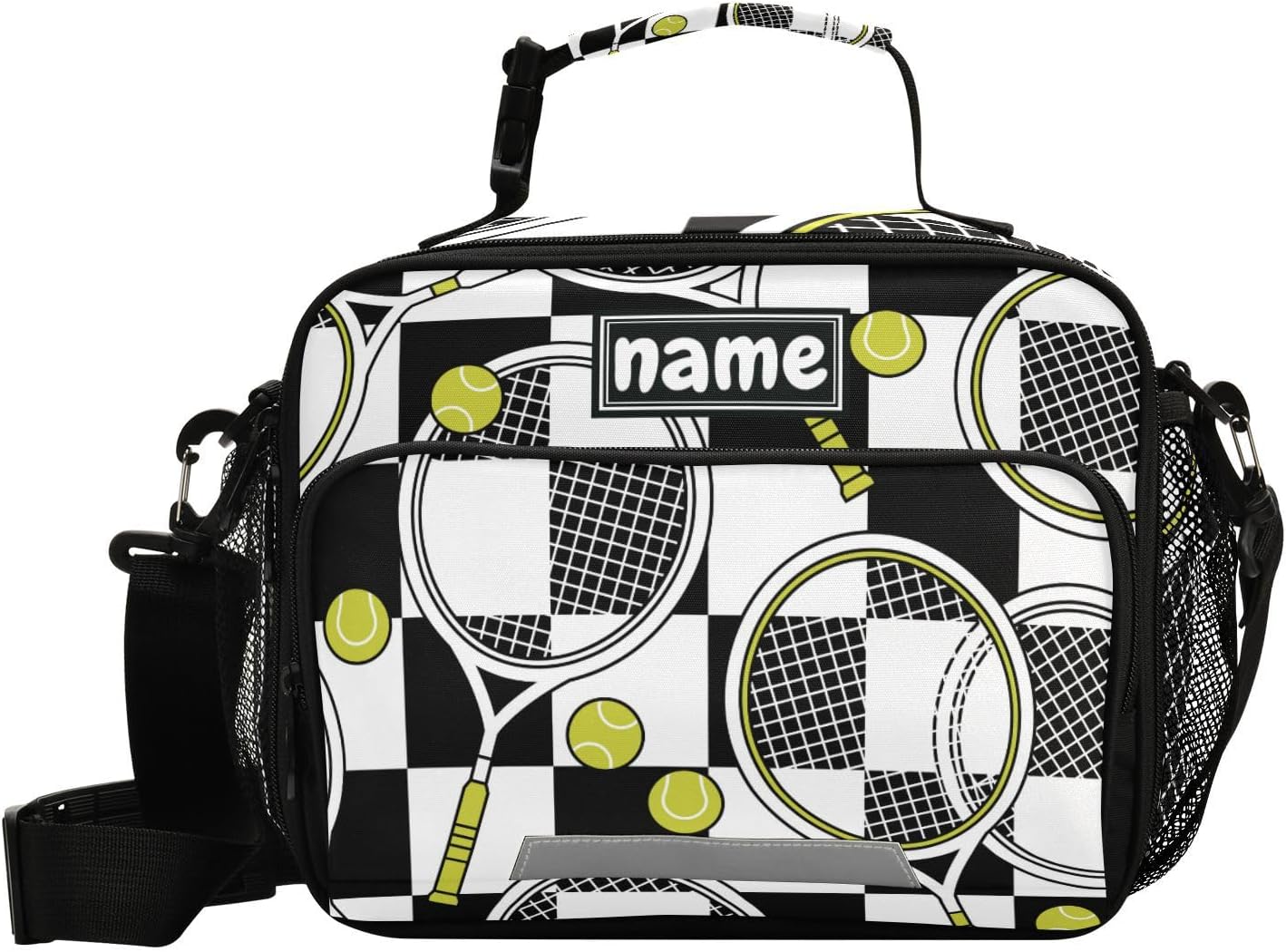 Pelotas de tenis personalizadas, bolsa de almuerzo a cuadros en blanco y negro para niños y niñas, bolsas de almuerzo personalizadas con tu nombre,