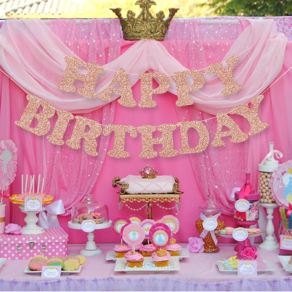 Cartel de feliz cumpleaños de oro rosa  NO DIY  Cartel de fiesta de cumpleaños con purpurina de oro rosa  Pre-encordado  Guirnalda de cumpleaños de
