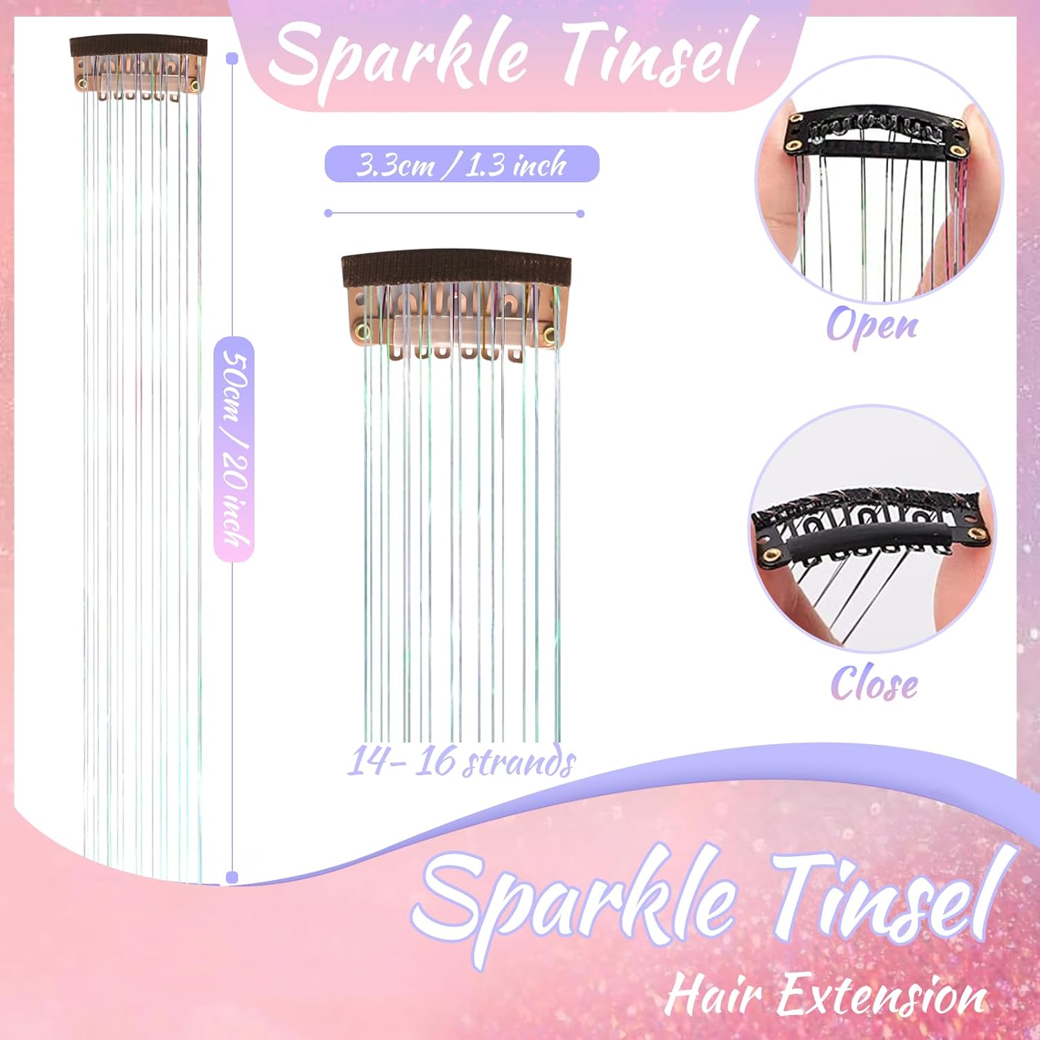 Kit de oropel de cabello con clip, 12 piezas, extensiones de cabello de 20 pulgadas, resistente al calor, kit de oropel de cabello de hadas, clip de