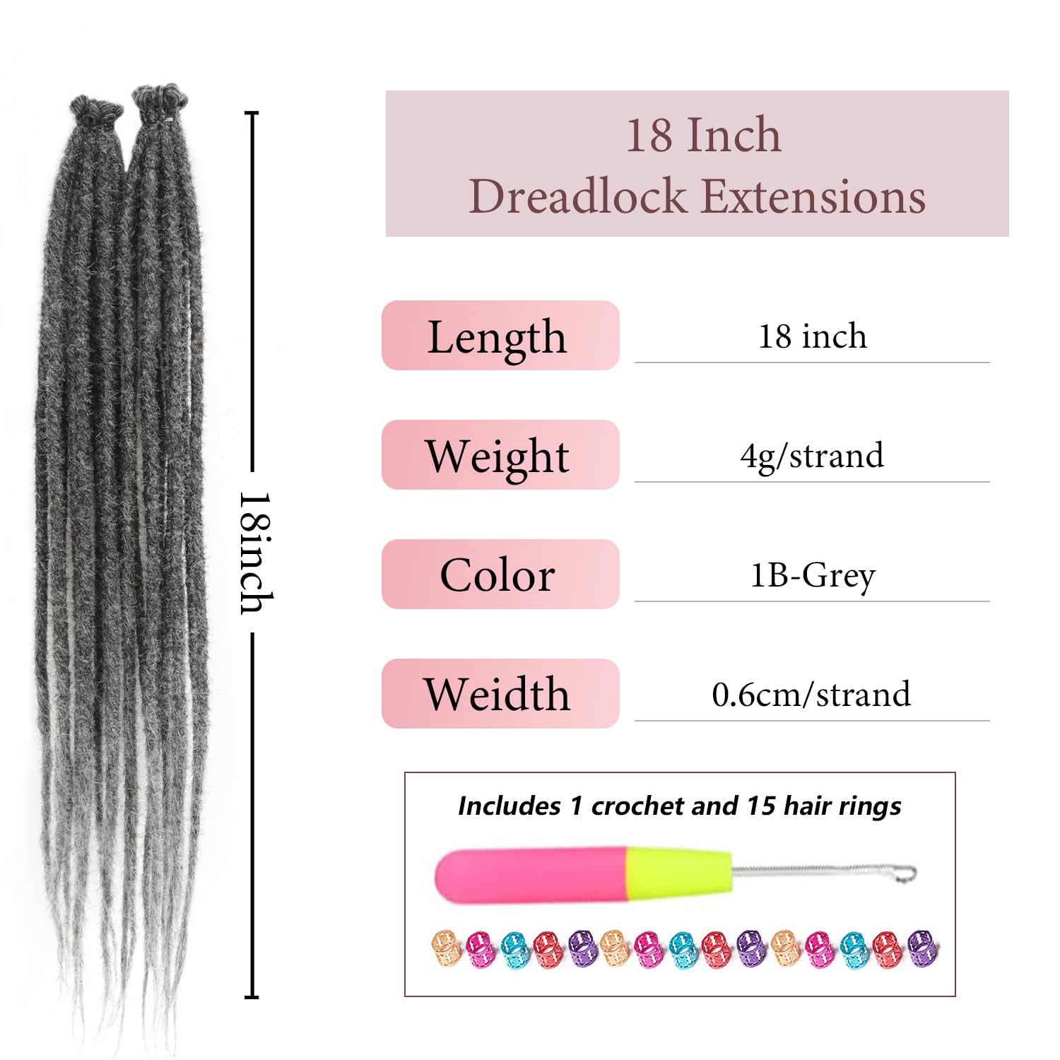 20 hebras de extensiones de rastas finas de 18 pulgadas, 1Bgris, suave ganchillo SE Dreads estilo reggae, pelo sintético trenzado de 0.2 in de