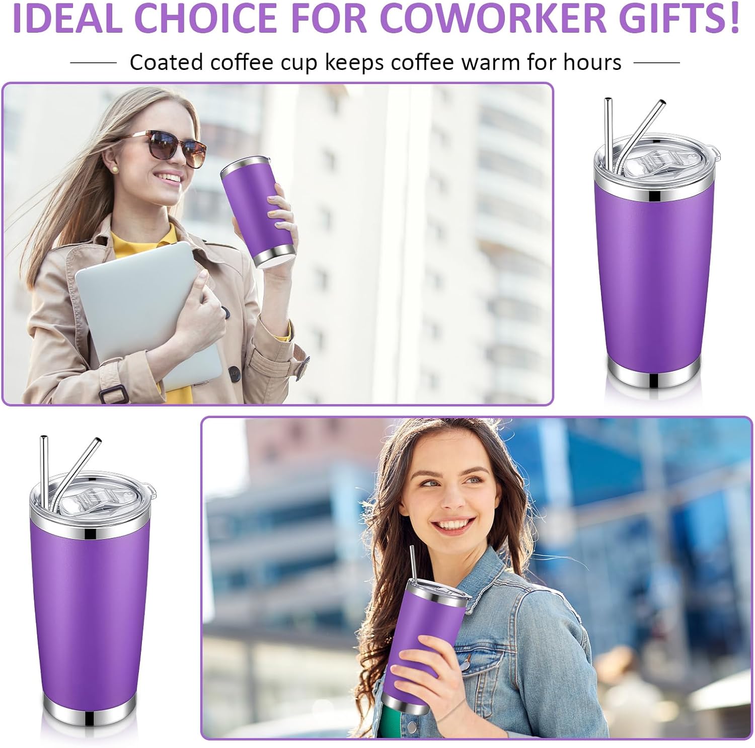 Paquete de 24 vasos de viaje aislados de 20 onzas, vaso de viaje al vacío de doble pared con tapa y pajita, tazas de café de doble pared de acero