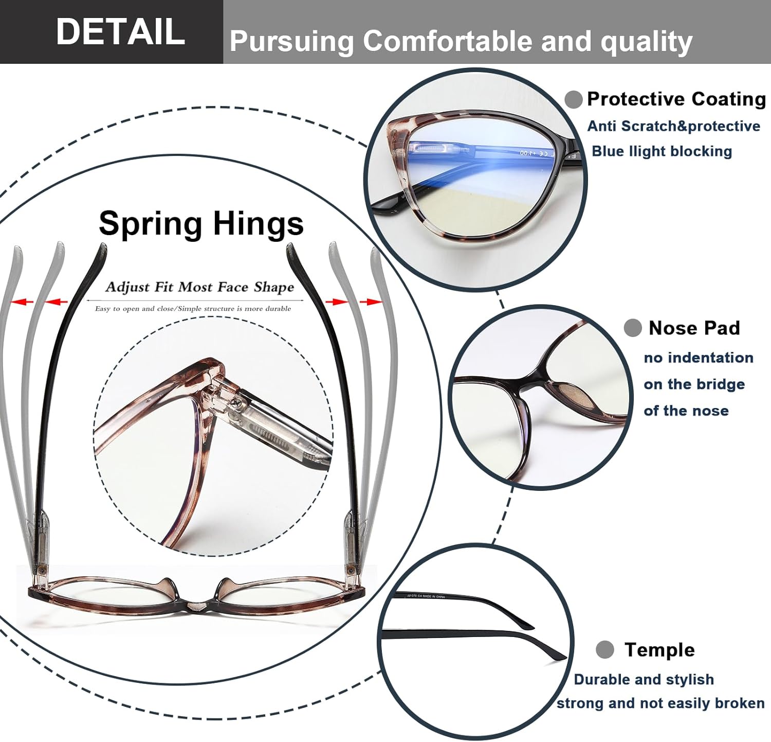EYEURL Paquete de 5 lentes de lectura para mujer, diseño de ojo de gato, bloqueo de luz azul, lentes de computadora de moda con bisagra de resorte,
