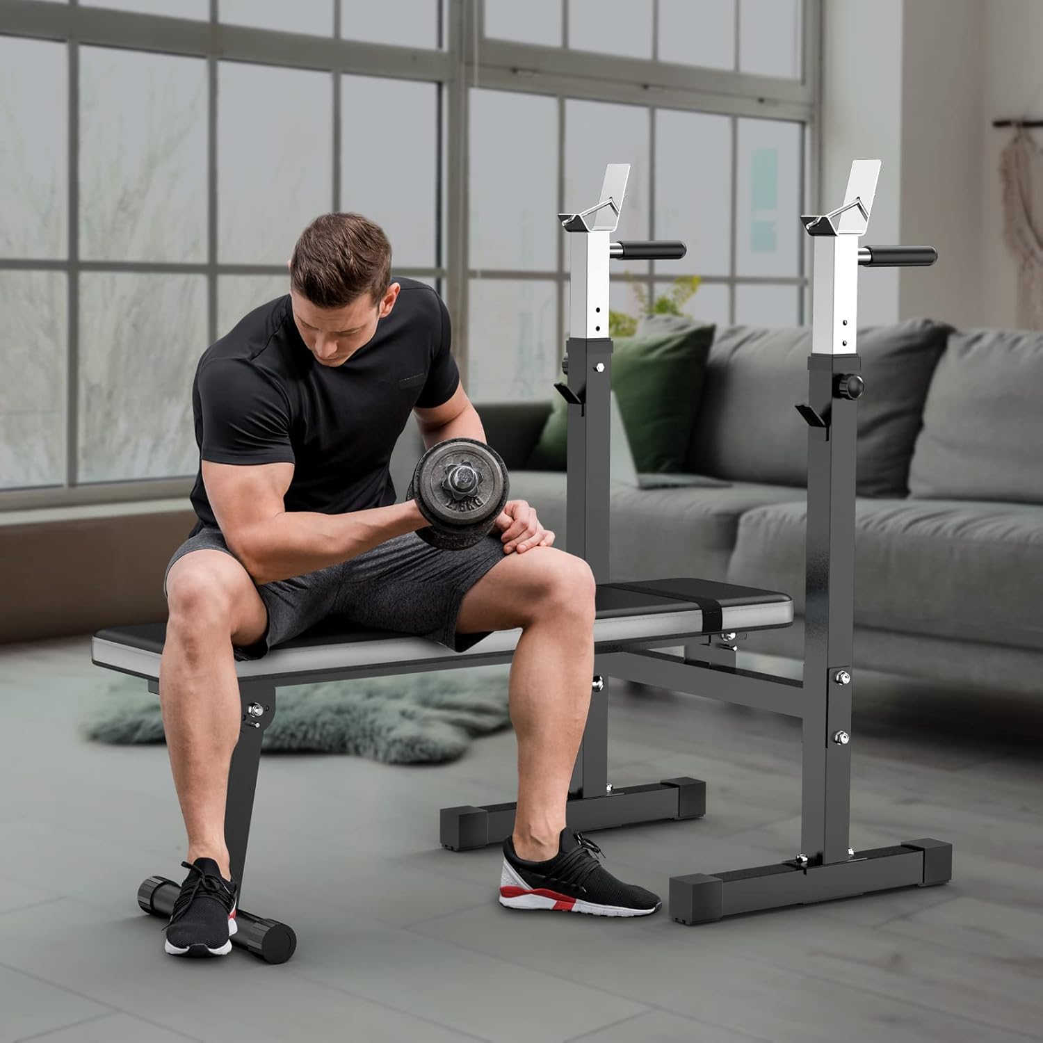 Lmdex Prensa de banco de peso ajustable con estante para sentadillas, estación de inmersión multifunción plegable para entrenamiento de cuerpo