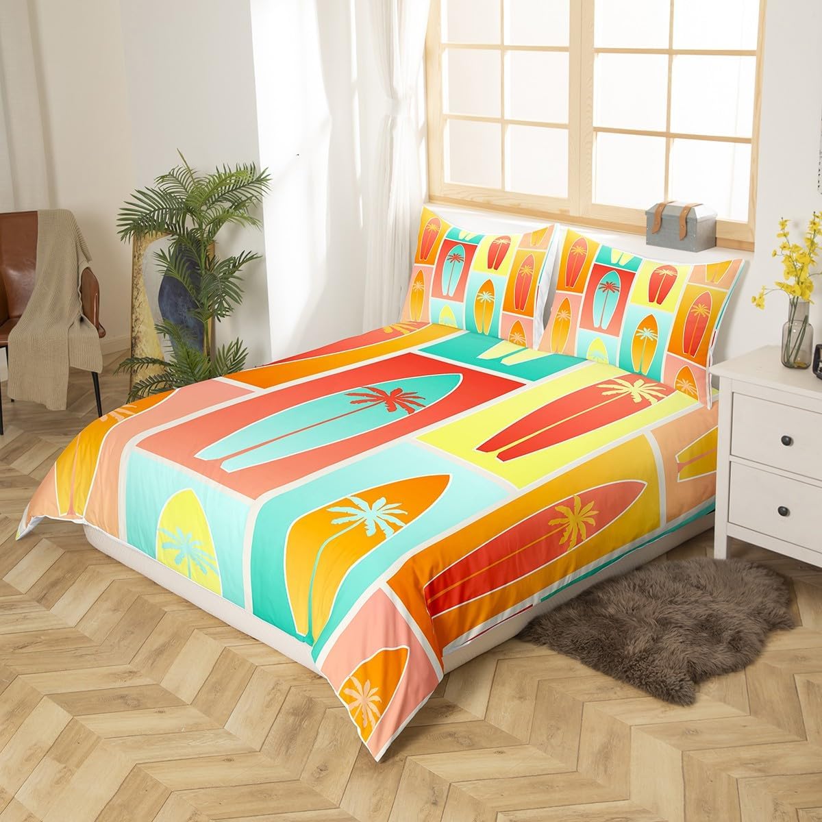 Manfei Juego de funda de edredón de tablas de surf de verano para niños, tamaño matrimonial, juego de ropa de cama de palmeras tropicales de 3