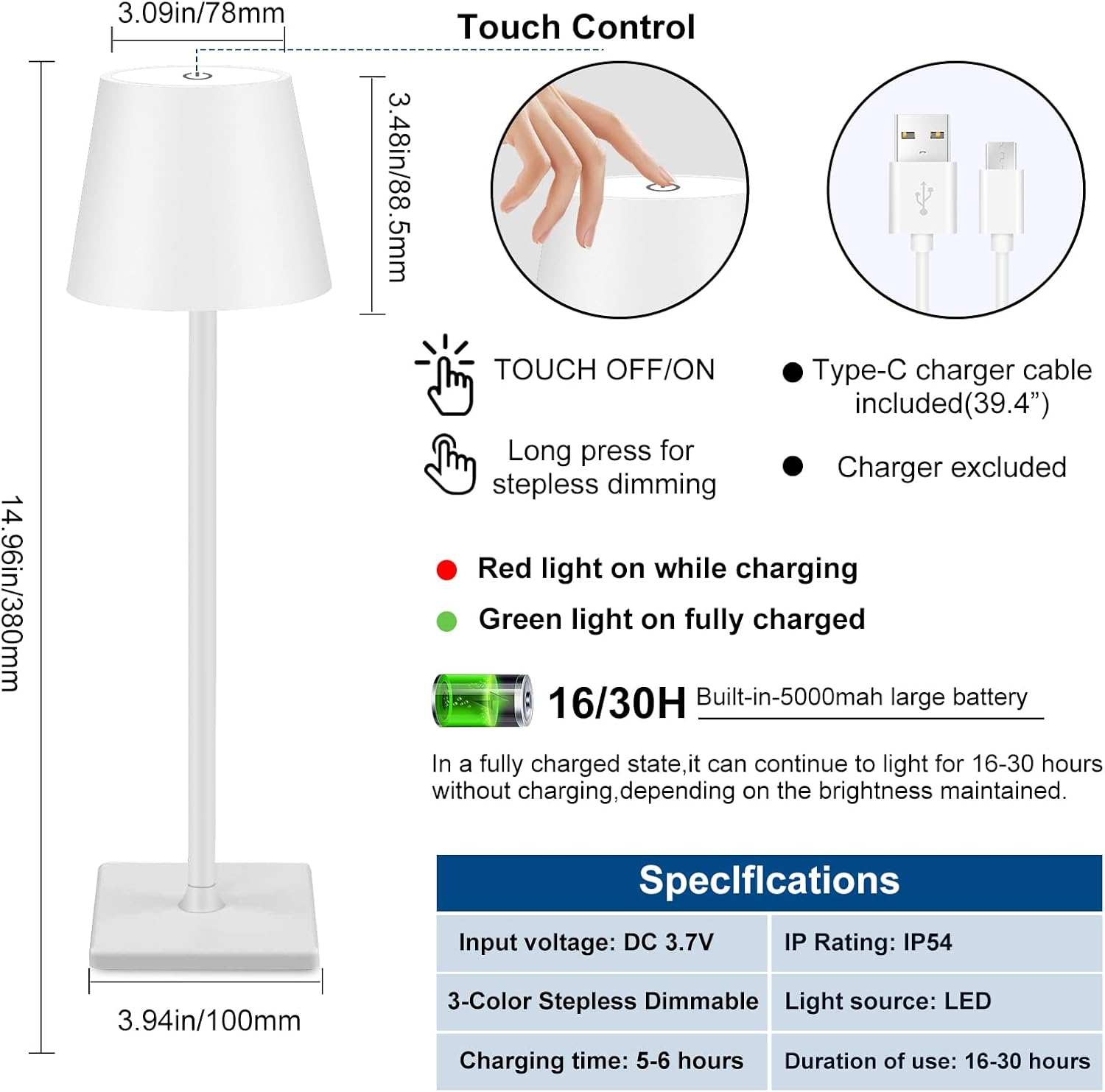 Aiwewin Lámpara de mesa inalámbrica, lámpara de escritorio LED portátil, funciona con pilas, luz de mesa de 5000 mAh, atenuación de 3 colores,
