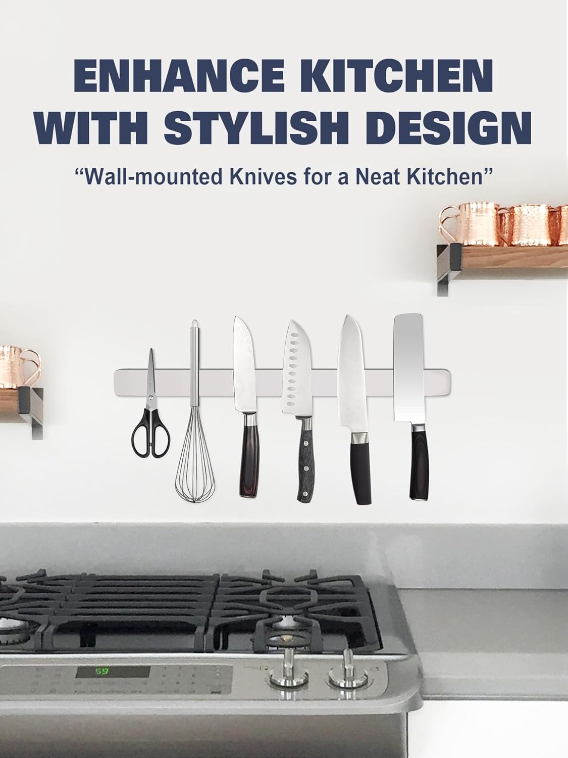 Soporte magnético para cuchillos para pared, tira magnética de cuchillos de acero inoxidable para refrigerador con cinta adhesiva fuerte, estante