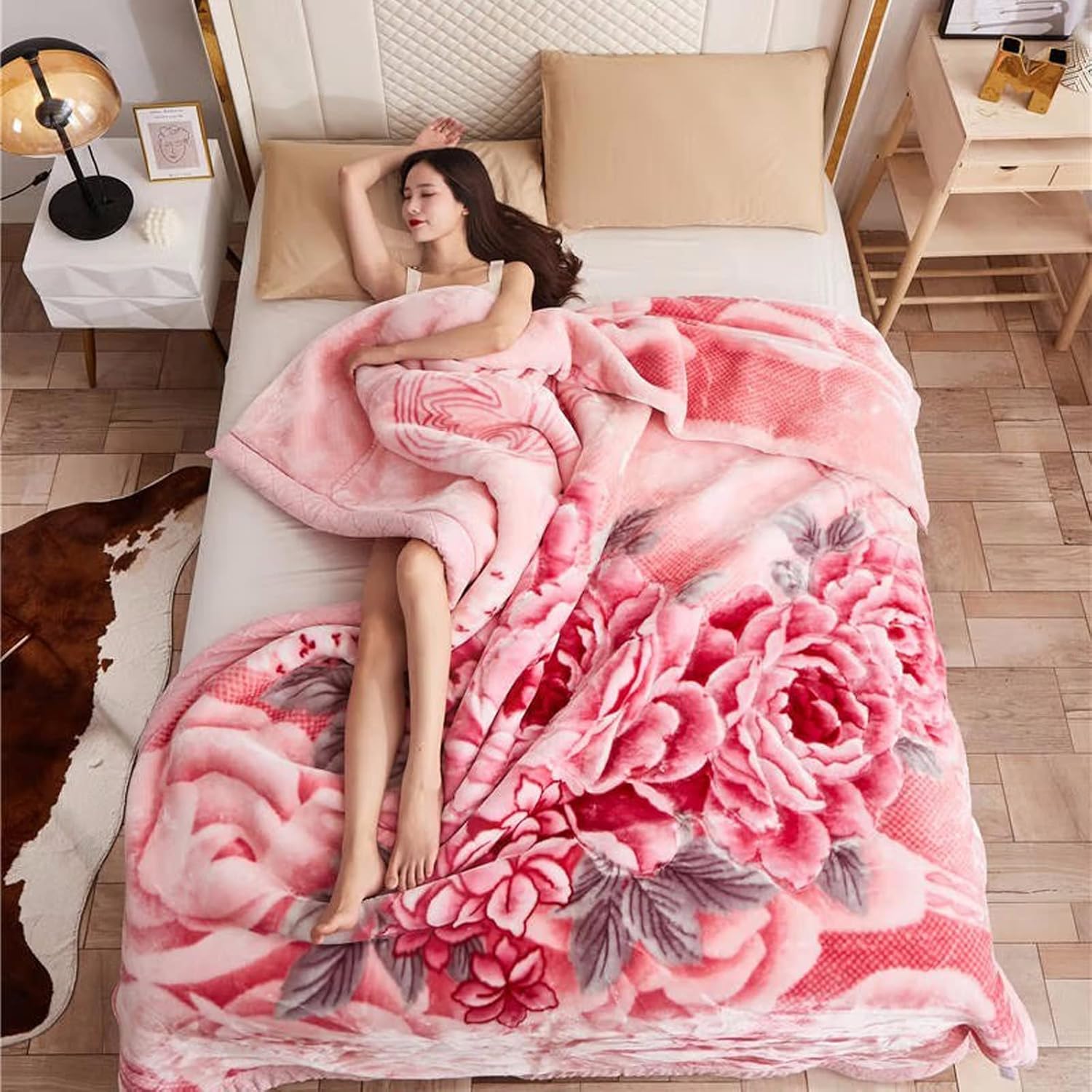 Manta Raschel de felpa rosa de 6.6 libras, tamaño matrimonial, 71 x 87 pulgadas, suave y sedosa, manta de forro polar impresa de 2 capas para cama
