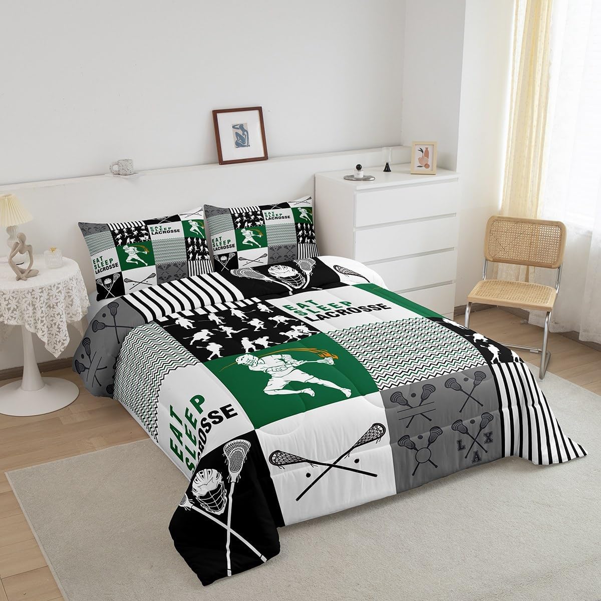 Erosebridal Eat Sleep – Edredón de lacrosse para niños, jóvenes y adultos, ropa de cama matrimonial de jugador de lacrosse, juego de edredón con