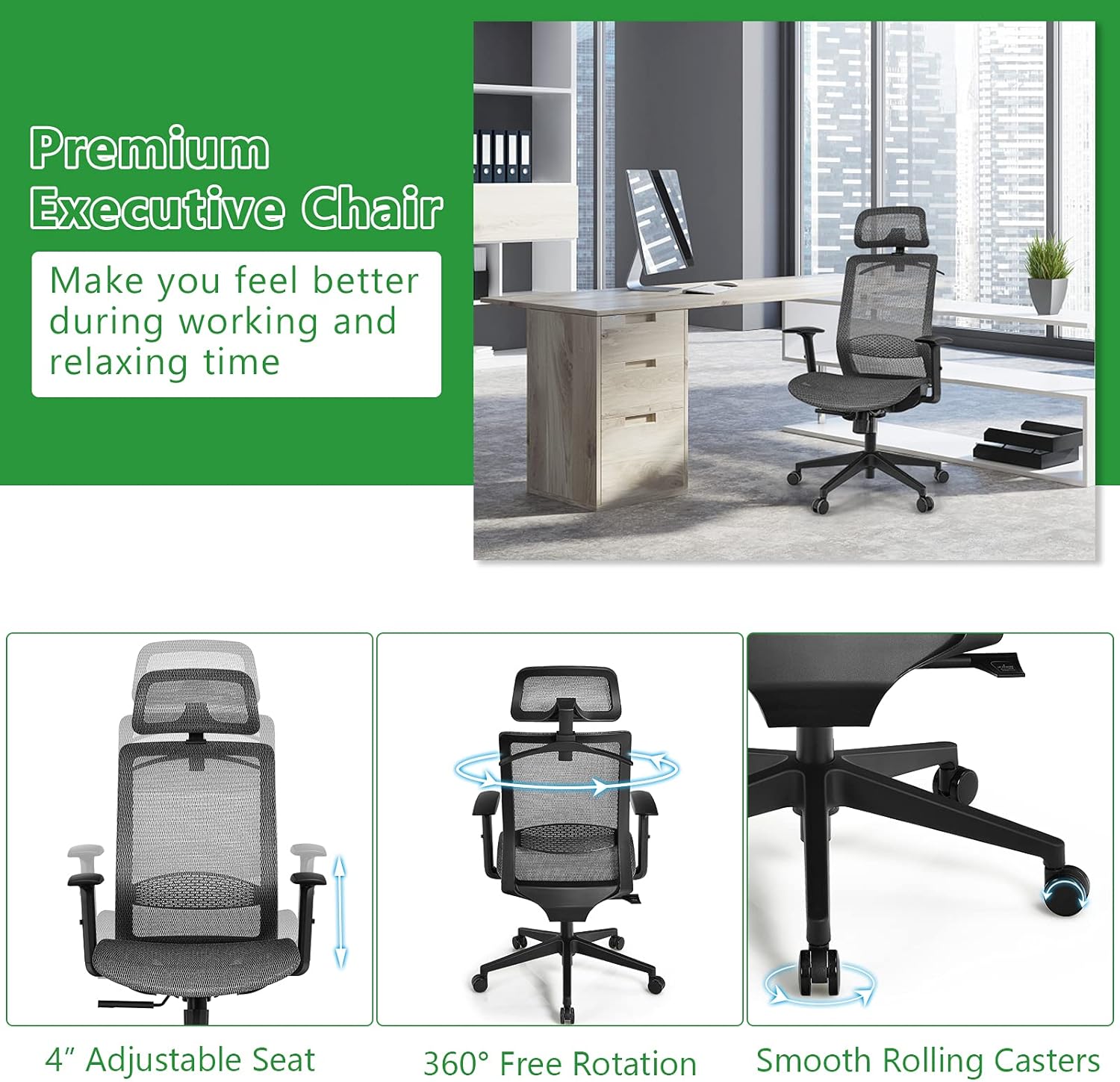 BestComfort Silla de oficina de malla con respaldo alto, silla ejecutiva ergonómica con ángulos reclinables ajustables, soporte lumbar,