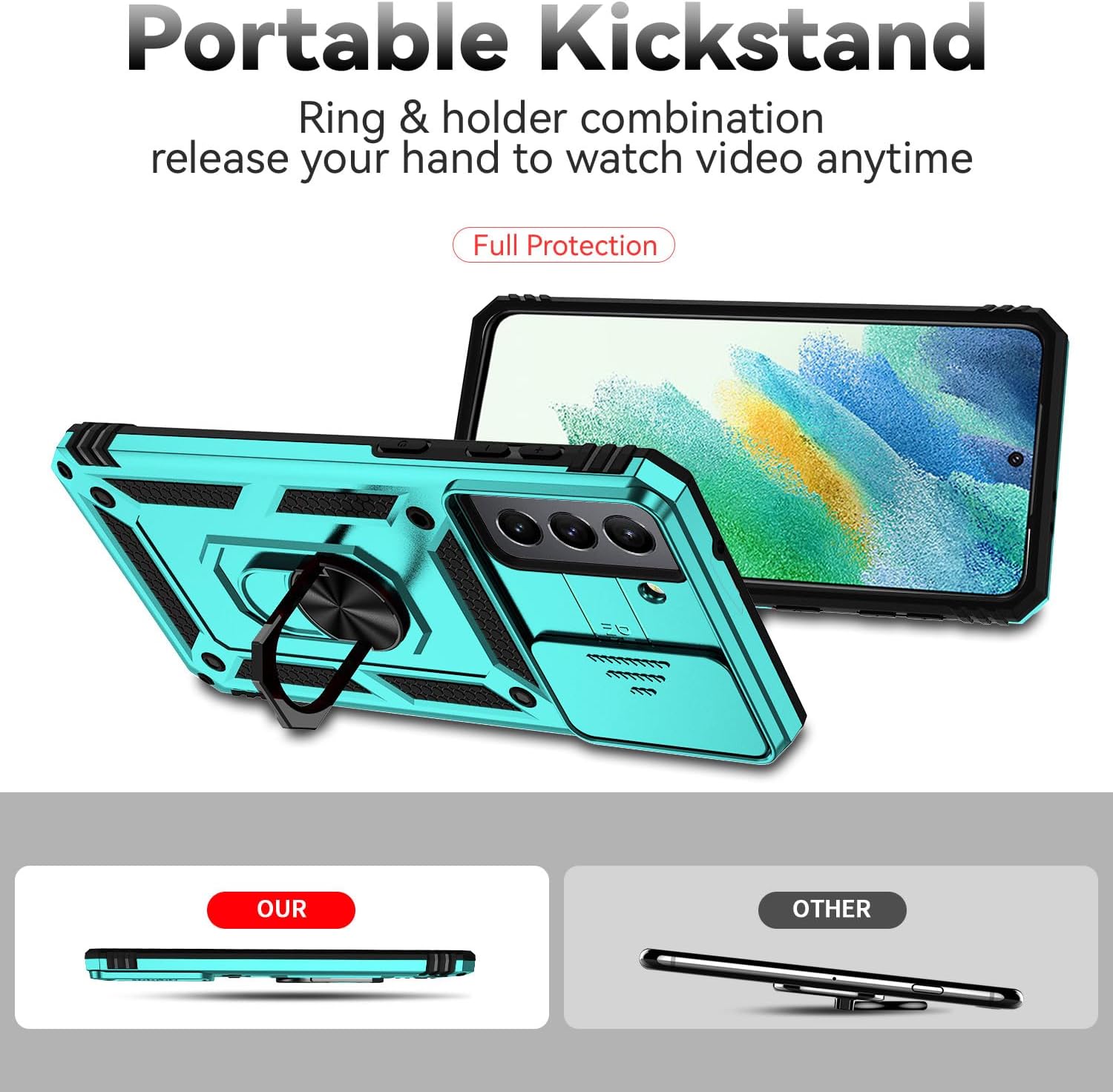 Funda para Samsung Galaxy S21 FE 5G con cubierta para lente de cámara, protector de pantalla HD, soporte de anillo magnético probado contra caídas