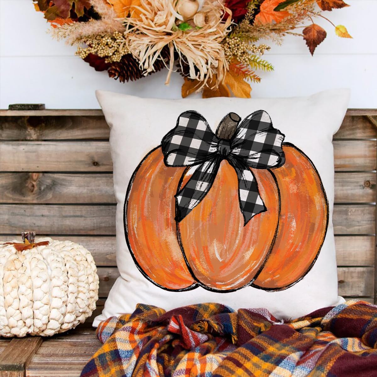 Fundas de almohada de otoño de 18 x 18 pulgadas, juego de 4 fundas de almohada de calabaza y hojas de arce con texto en inglés “Hello Pumpkin Happy
