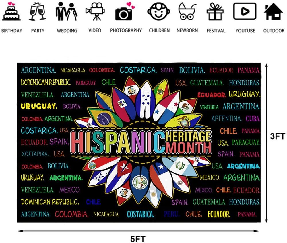 Ticuenicoa Telón de fondo del mes de la herencia hispana de 5 x 3 pies, pancarta del mes de la herencia hispana, decoraciones latinoamericanas, aula