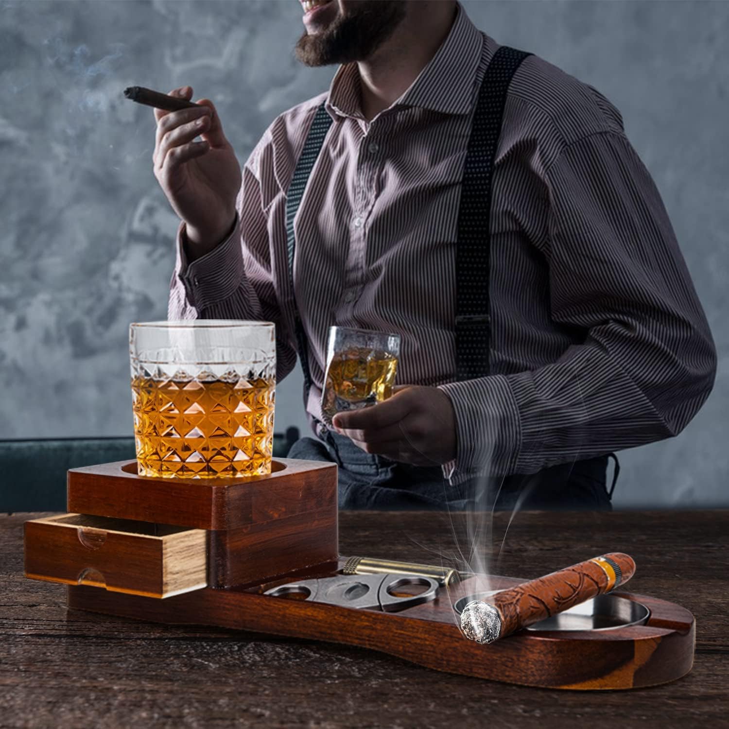Cenicero de puros, bandeja de vidrio para whisky y soporte para puros, bandeja de cenizas con cortador de puros, incluye cajón y ranura para puros,