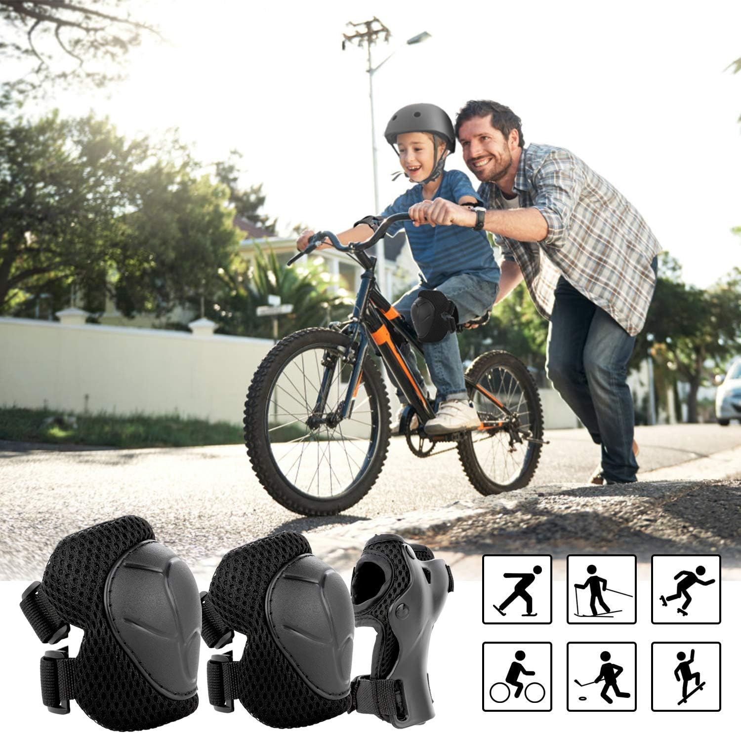 Juego de casco de bicicleta para niños, rodilleras, juego de almohadillas para casco, juego de equipo de protección ajustable para niñas y niños de