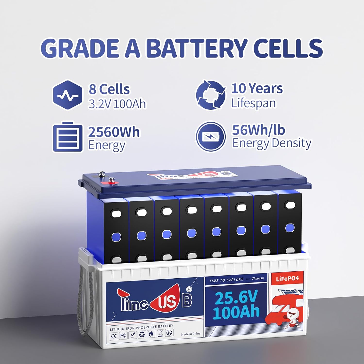 Batería LiFePO4 de 24 V 100 Ah, batería de litio de 2.56 kWh, BMS de 100 A integrada, vida útil de 10 años con celdas LiFePO4 de grado A, perfecta