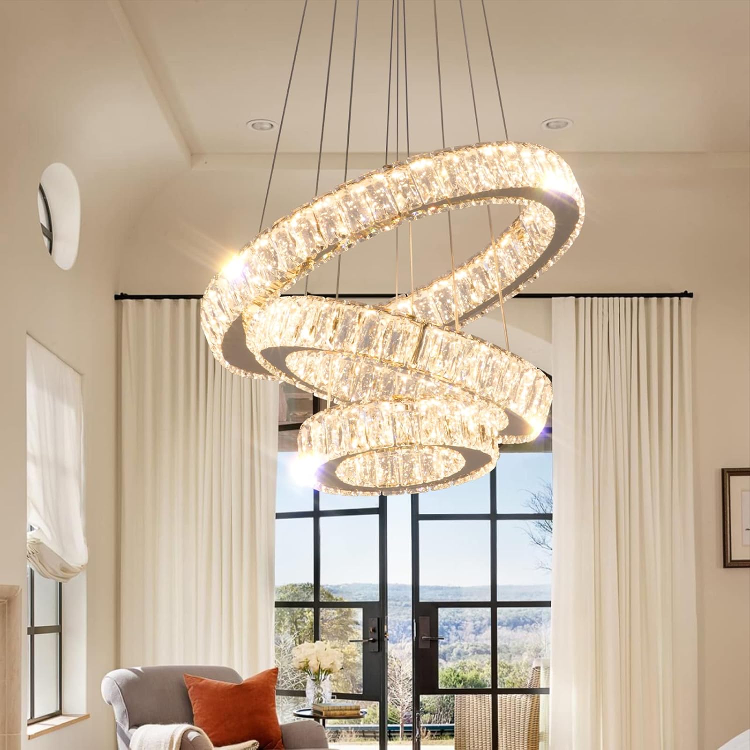 FRIXCHUR Candelabro LED de 3 anillos, modernos candelabros de cristal, luces colgantes ajustables, luces de techo doradas para dormitorio, comedor