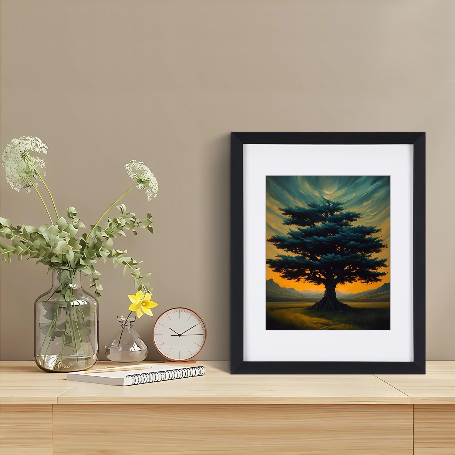 Decoración artística para pared de árbol, árbol abstracto enmarcado negro, impresiones en lienzo para el hogar, sala de estar, comedor, decoración