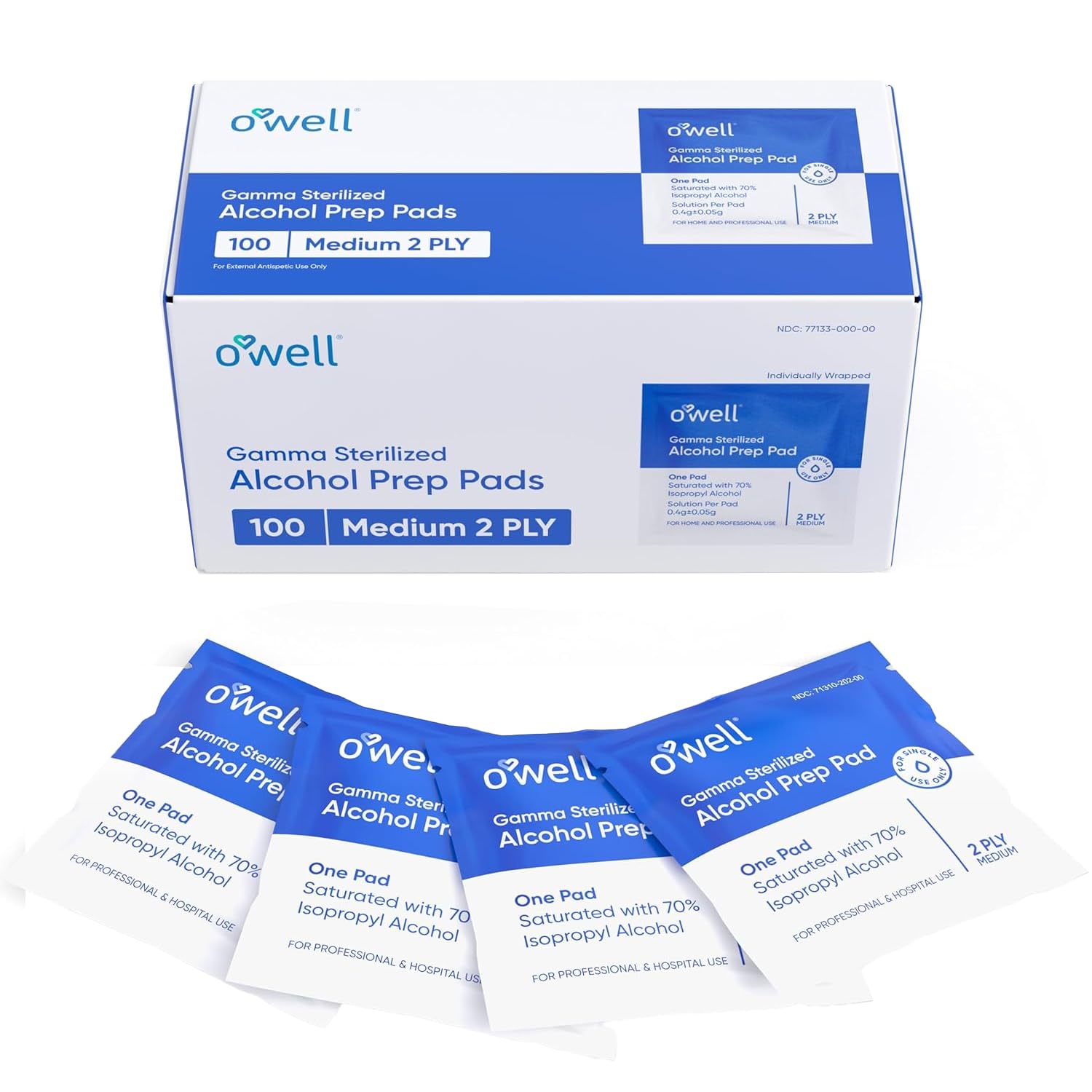 OWELL Toallitas con alcohol, toallitas de alcohol envueltas individualmente, almohadillas médicas y profesionales de preparación de alcohol estéril,