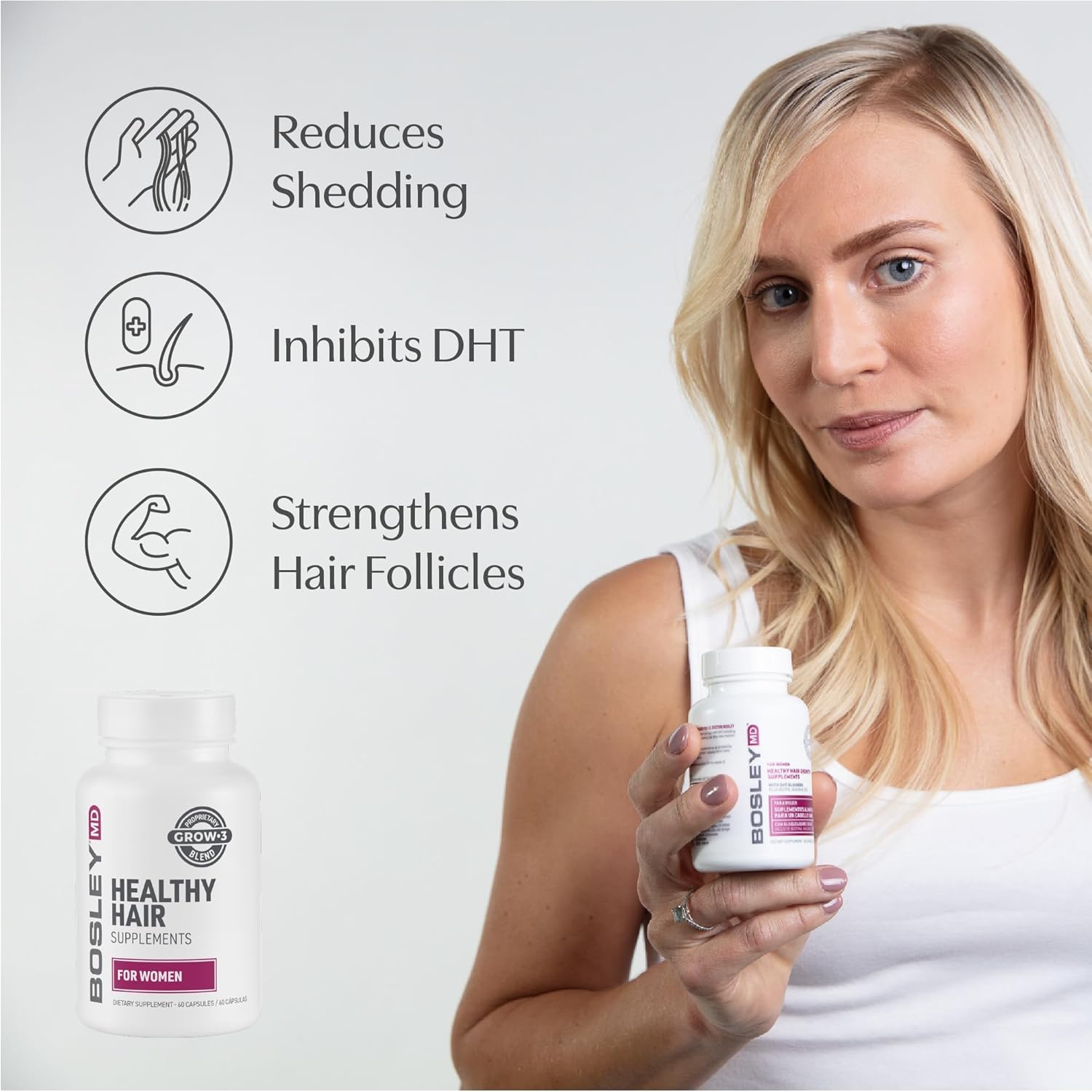 BosleyMD Suplementos saludables para el crecimiento del cabello con bloqueadores DHT para mujeres y hombres para un cabello más grueso, más lleno y