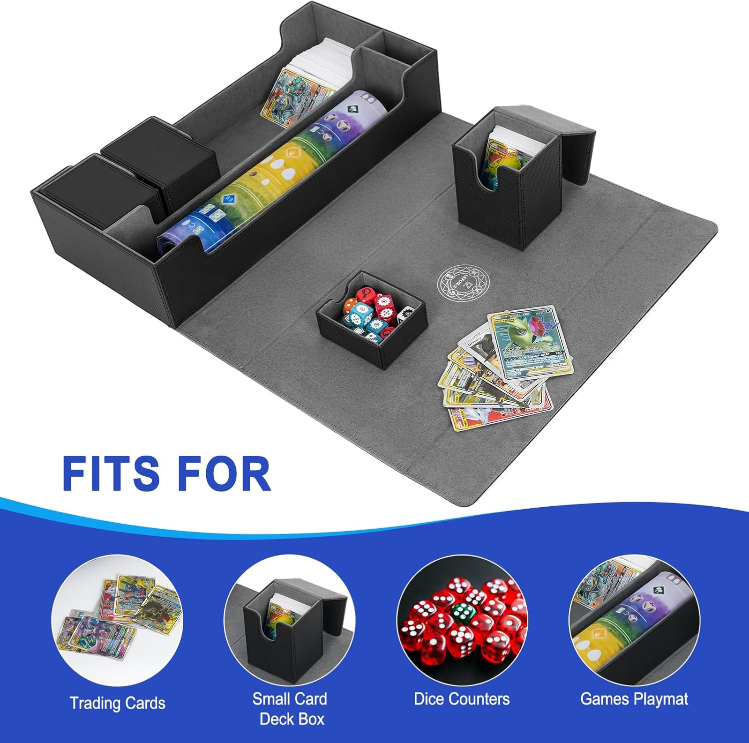 Caja de cartas extra grande, caja de almacenamiento para juegos de cartas de alta calidad, se adapta a 5 mazos con funda de alfombrilla y
