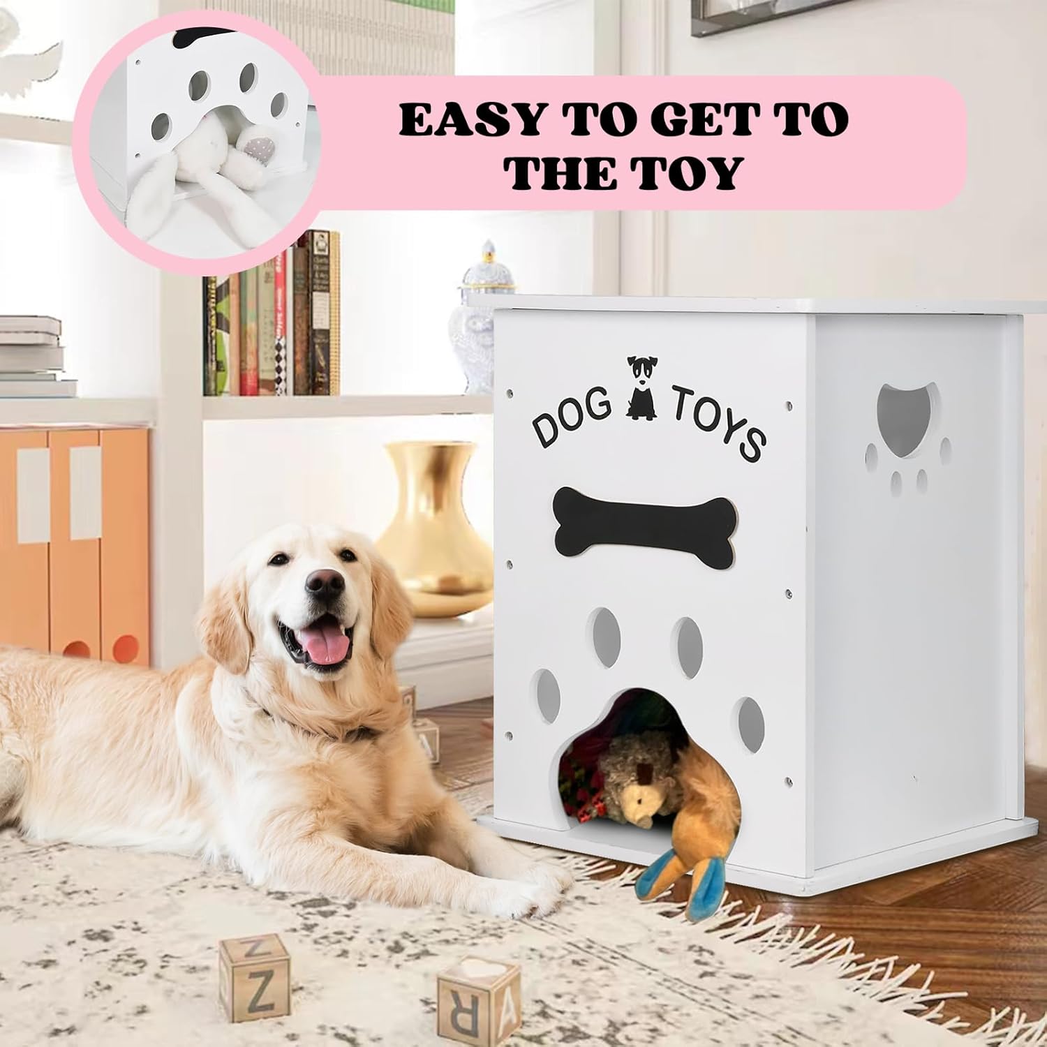 Cesta de juguetes para perros, almacenamiento de alimentos para perros y gatos, organizador de cosas grandes de madera para perros con mango hueco,
