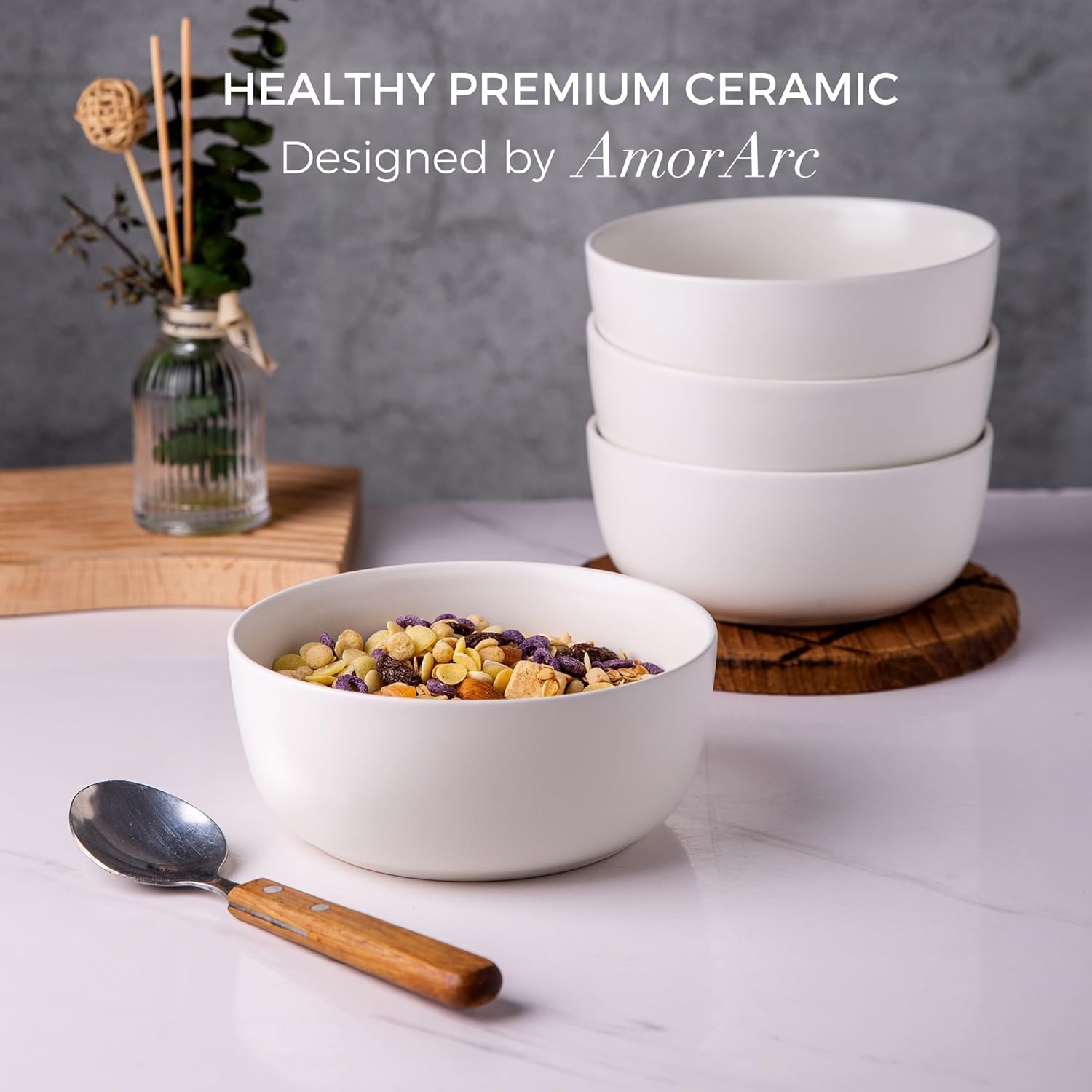 AmorArc Juego de 4 cuencos de cereal de cerámica, 26 onzas, para aperitivos de sopa de cereales, cuencos de cocina modernos para comida, aptos para