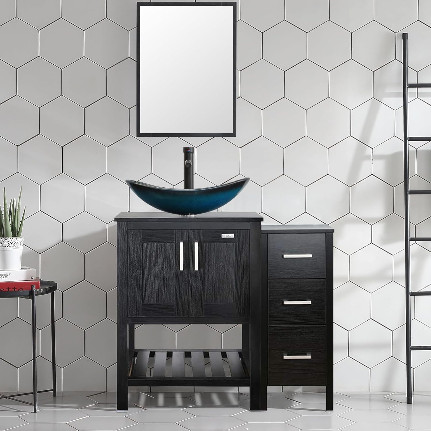 eclife 36-A29B B06 – Lavabo de baño de 36 pulgadas, color negro, con gabinete lateral, vidrio templado azul, grifo de ahorro de agua de 1.5 GPM y