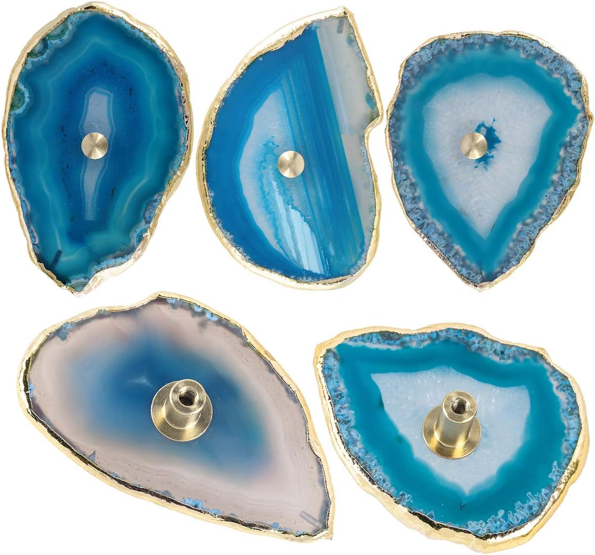 Rockcloud Pomos de ágata azul para cajón, tiradores para armario de aparador, rebanada teñida con pomos de borde chapados en oro para decoración de