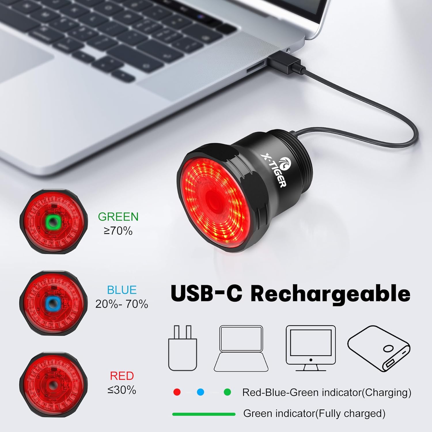 X-TIGER Luz trasera inteligente para bicicleta, luces traseras LED deportivas, luz trasera recargable por USB, luz trasera de bicicleta con