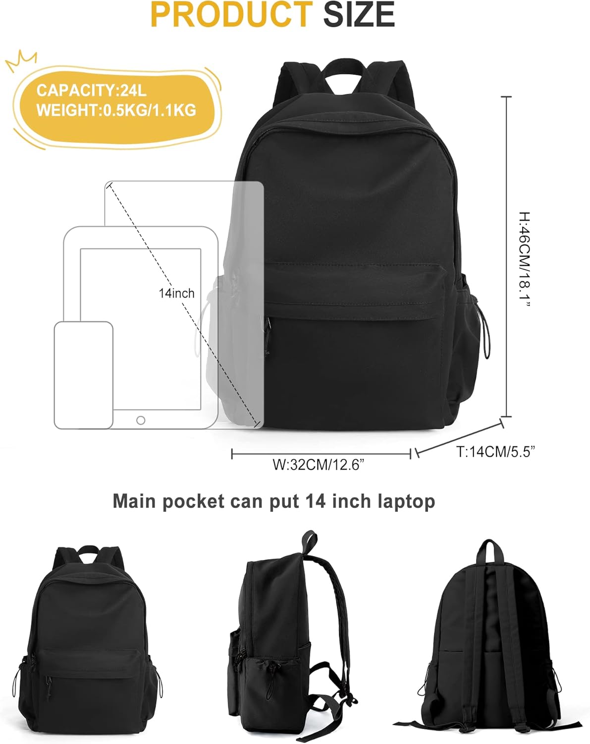 VECAVE Mochila ligera para mujeres y hombres, mochila casual de viaje para laptop, A-Negro, Mochila