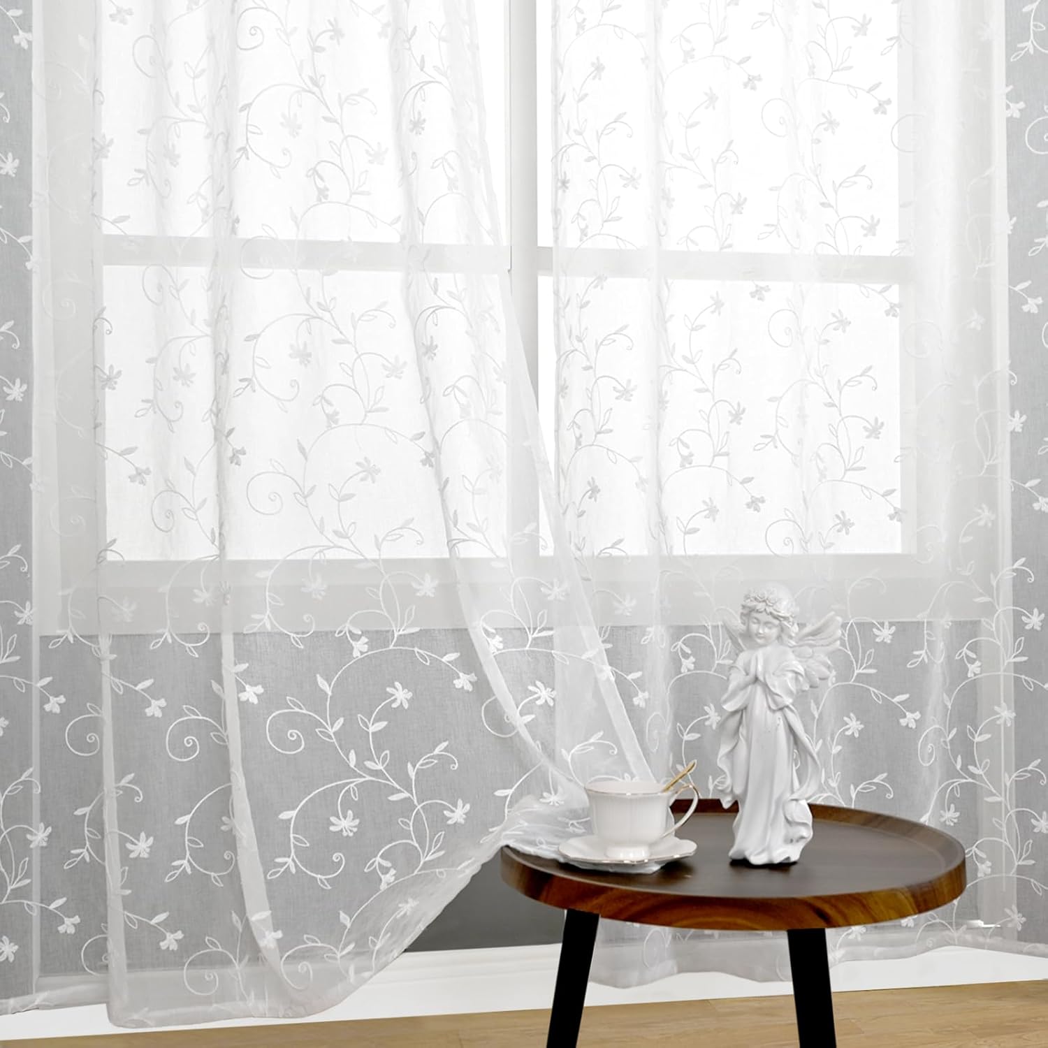 BGment Cortinas semitraslúcidas bordadas florales, juego de 2 paneles de lino sintético con ojales, cortinas de ventana para sala de estar y