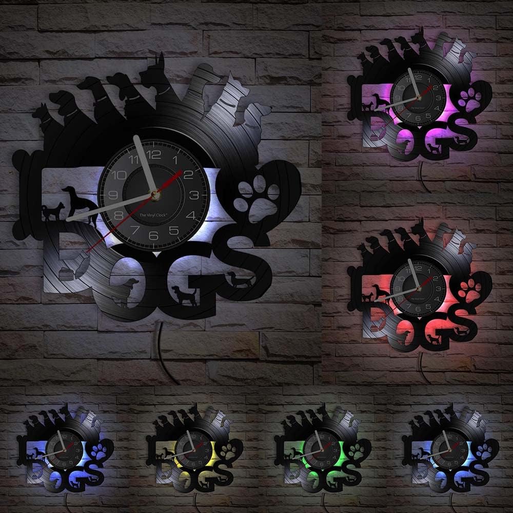 Reloj de pared de vinilo, diseñado para mascotas y perros, con función de luz nocturna LED, es un regalo para los amantes de las mascotas.