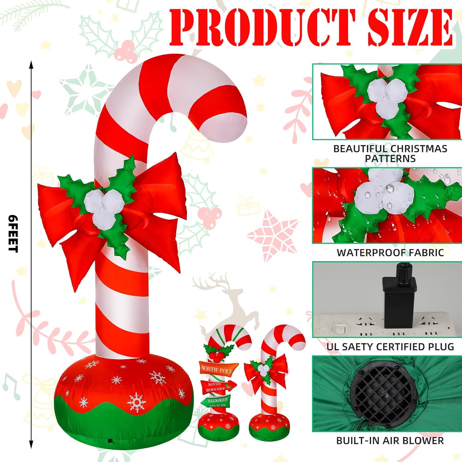 2 piezas inflables de bastón de caramelo de 6 pies para decoración de Navidad, letreros apilables de bastón de caramelo de Navidad, letreros