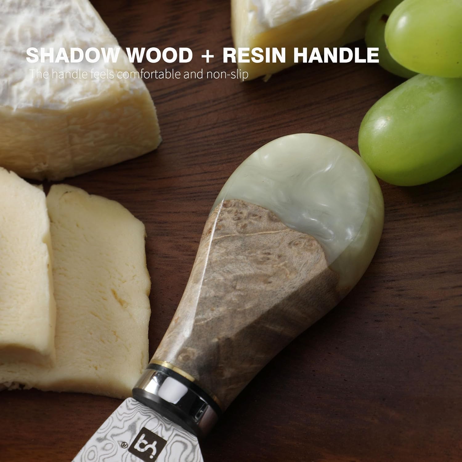 Cuchillo de queso de acero de Damasco para tablas de embutidos, cortador de queso para quesos suaves y duros desmenuzables, resina blanca y mango de