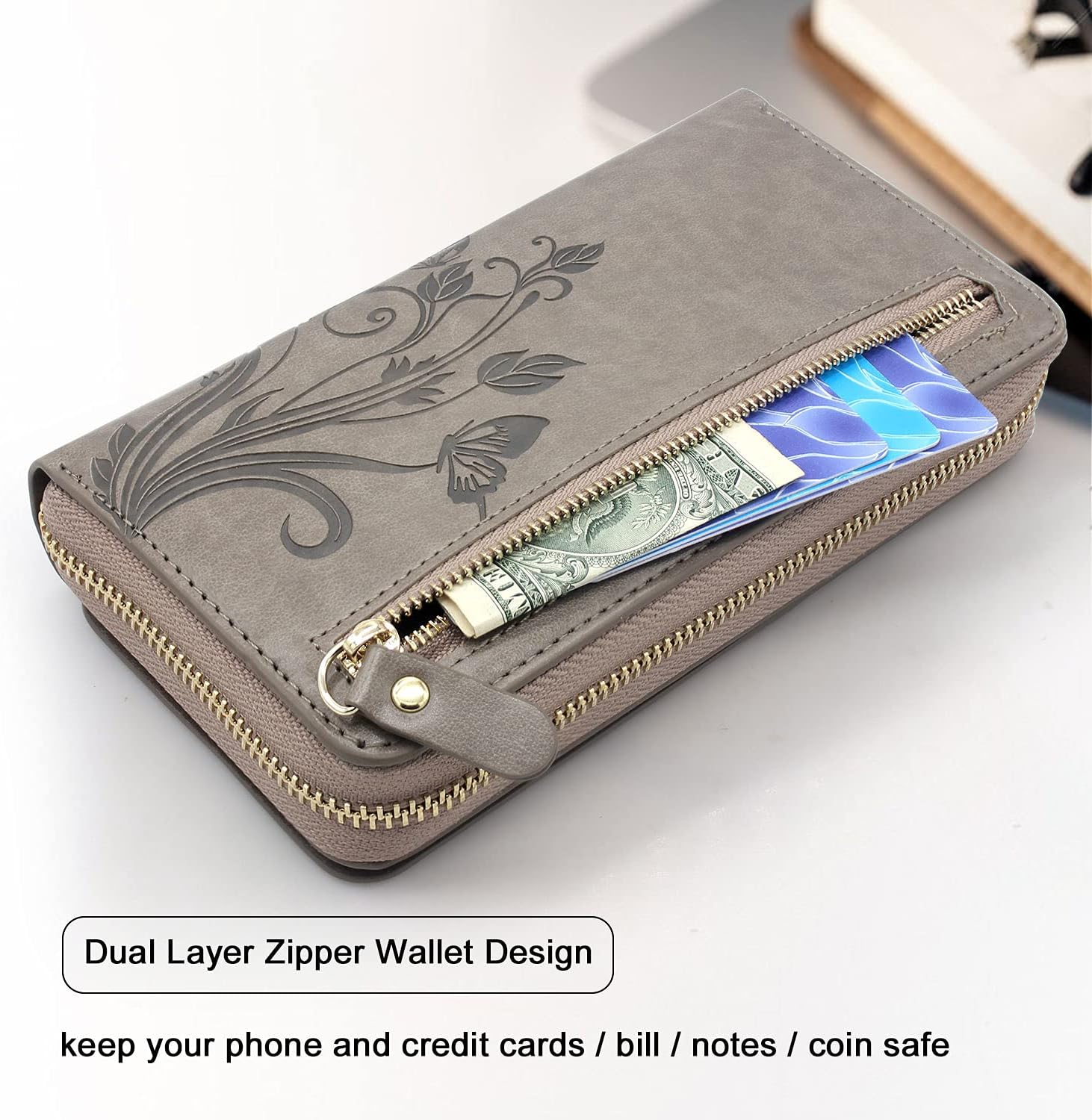 Lacass Funda tipo cartera compatible con iPhone 15 Pro Max de 6.7 pulgadas 2023, funda cruzada de cuero desmontable con doble cremallera para