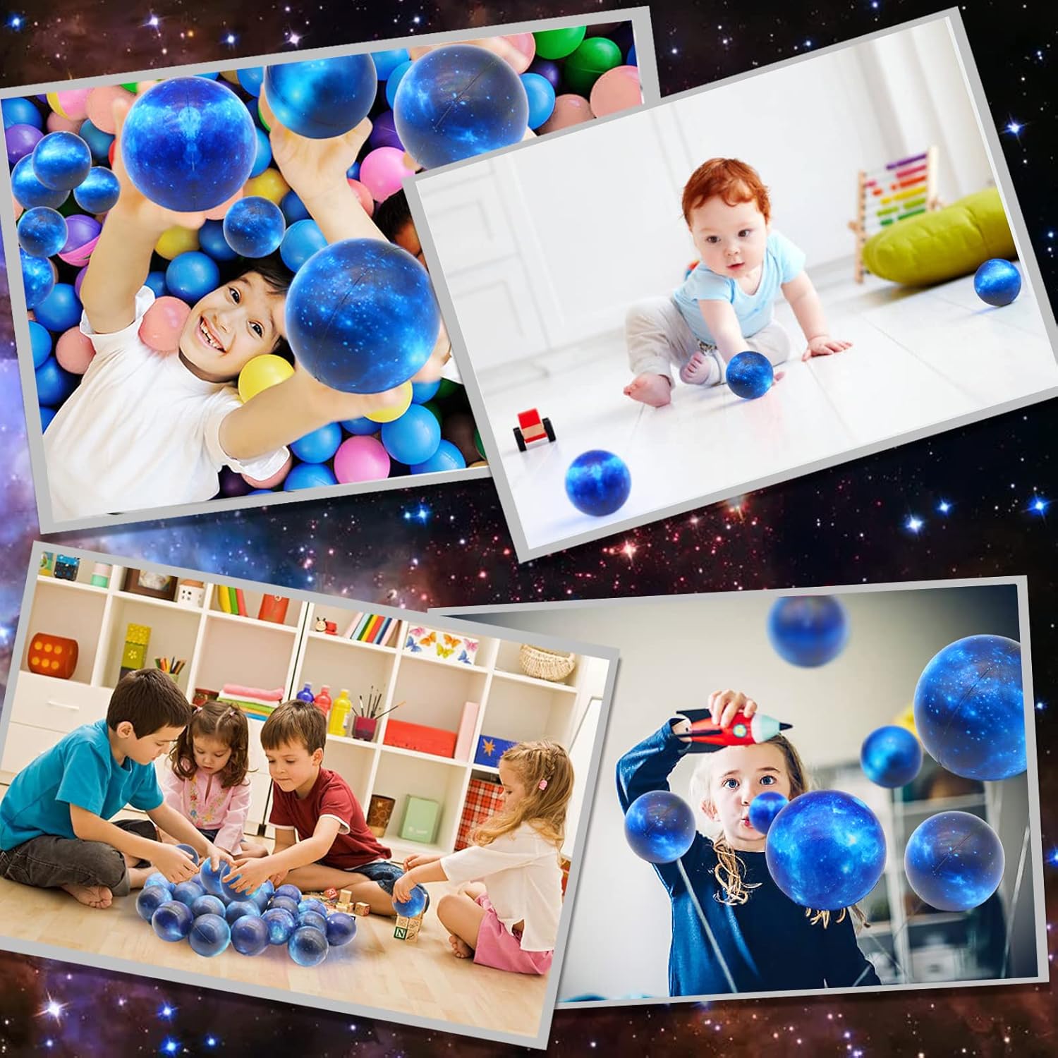 Paquete de 60 bolas de estrés de galaxia a granel para niños y adultos de 2.5 pulgadas, bolas sensoriales para aliviar el espacio exterior, bolas