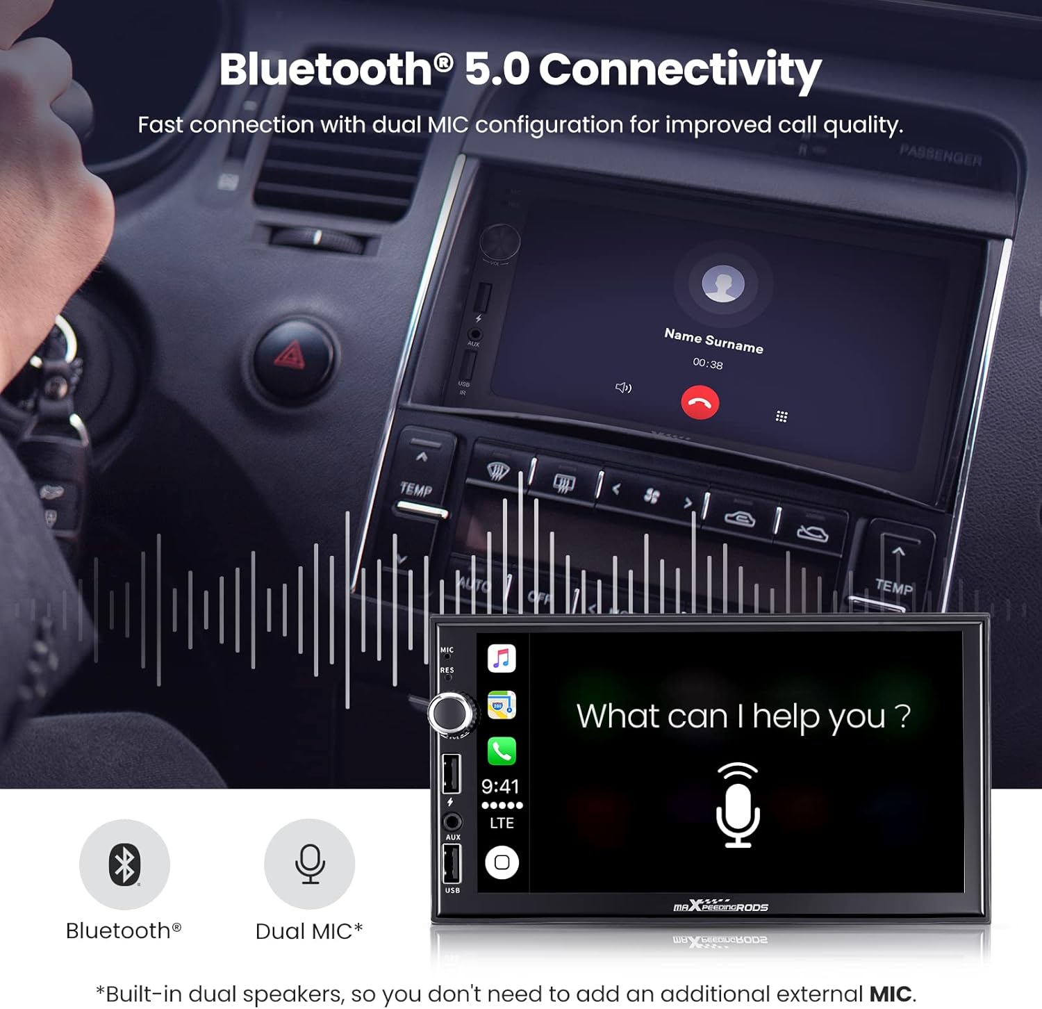 maXpeedingrods Radio estéreo de coche doble DIN con CarPlay inalámbrico y Android Auto, pantalla táctil HD de 7 pulgadas en el tablero, unidad