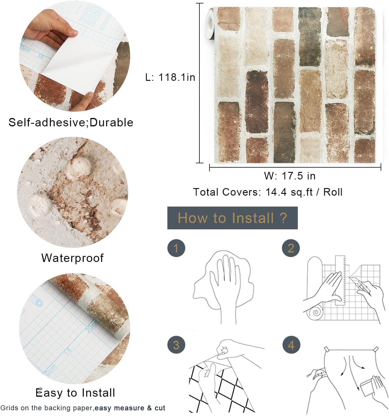 Timeet Papel tapiz de ladrillo para despegar y pegar, papel tapiz de ladrillo sintético, papel tapiz de ladrillo 3D, autoadhesivo, extraíble, para