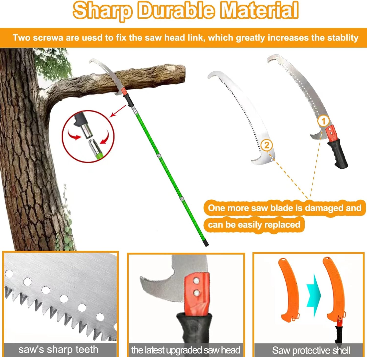 Podadora manual de poste de árbol de 26 pies, ramas de sierra de poste de árbol de mango largo (amarillo)