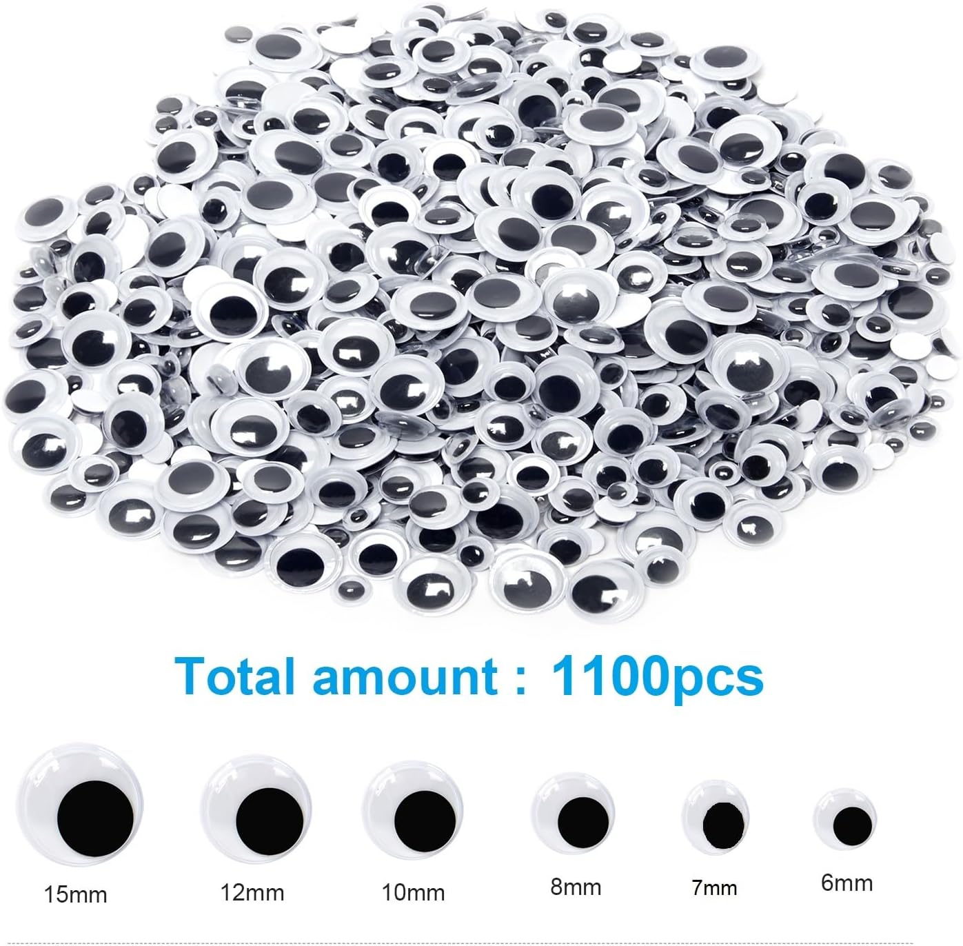 ZZYI 1100 piezas Googly Eyes autoadhesivas, para manualidades, ojos meneantes, varios tamaños, 0.236 in, 0.276 in, 0.315 in, 0.394 in, 0.472 in,