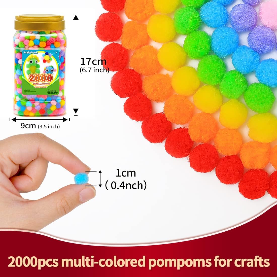 Praisebank Pompones multicolores, 2000 unidades, 0.4 in, pompones para artes y manualidades, pompones en frasco, pompones para manualidades.