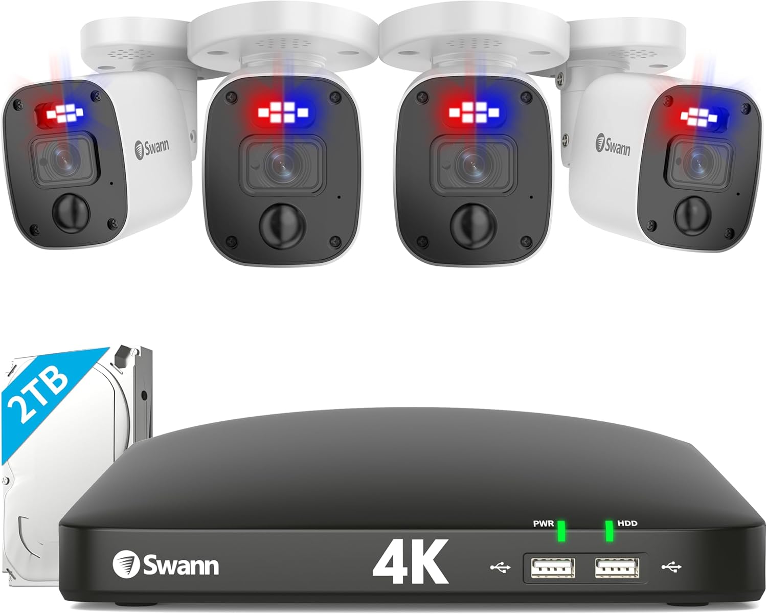 Swann Sistema de cámara de seguridad 4K HD, DVR de 8 canales con 2 TB, 4 cámaras bala de 8 MP con cable para interiores y exteriores, vigilancia