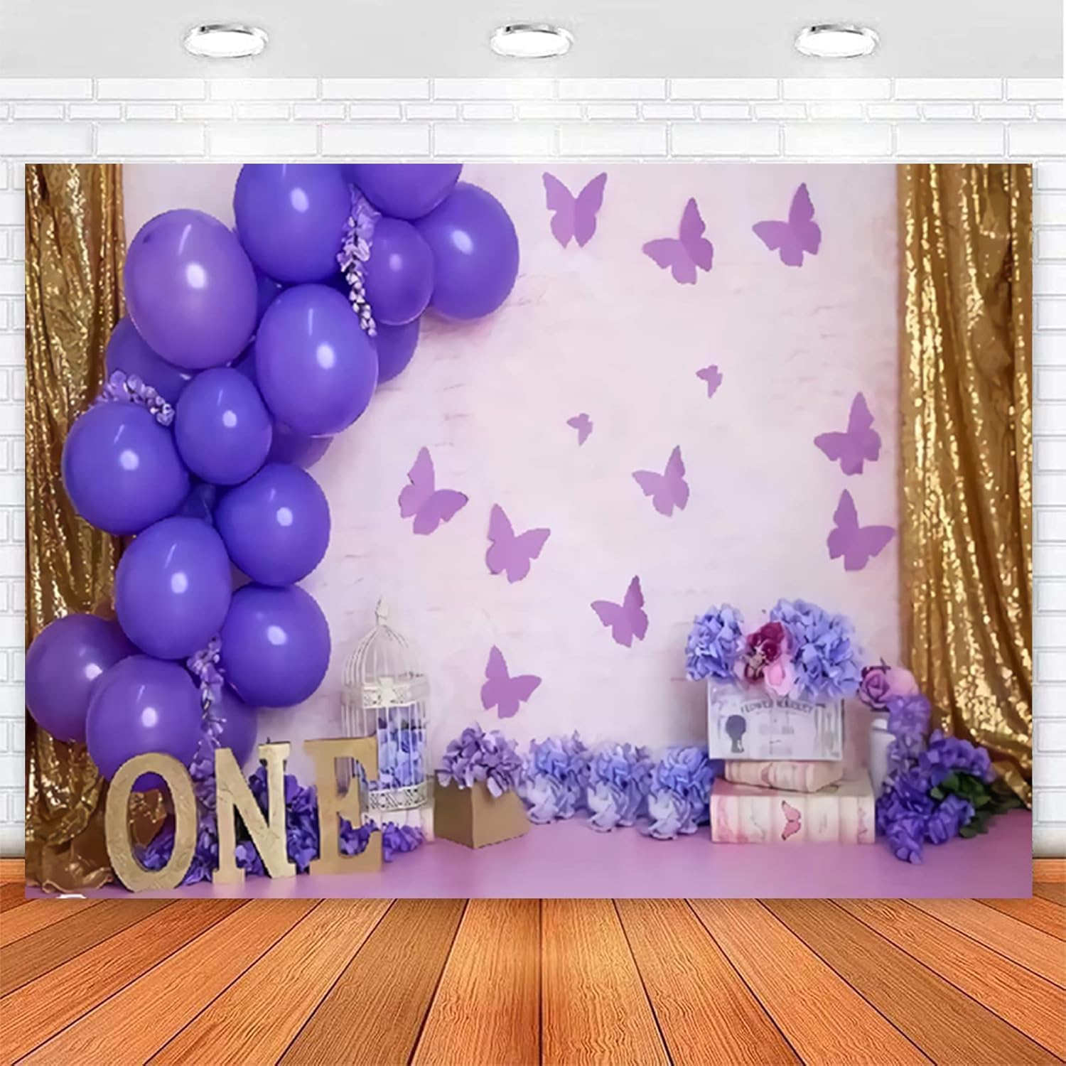 Telón de fondo morado, globo morado, mariposa, flores de papel para niñas y niños, telón de fondo para fiesta de primer cumpleaños, cortina dorada,
