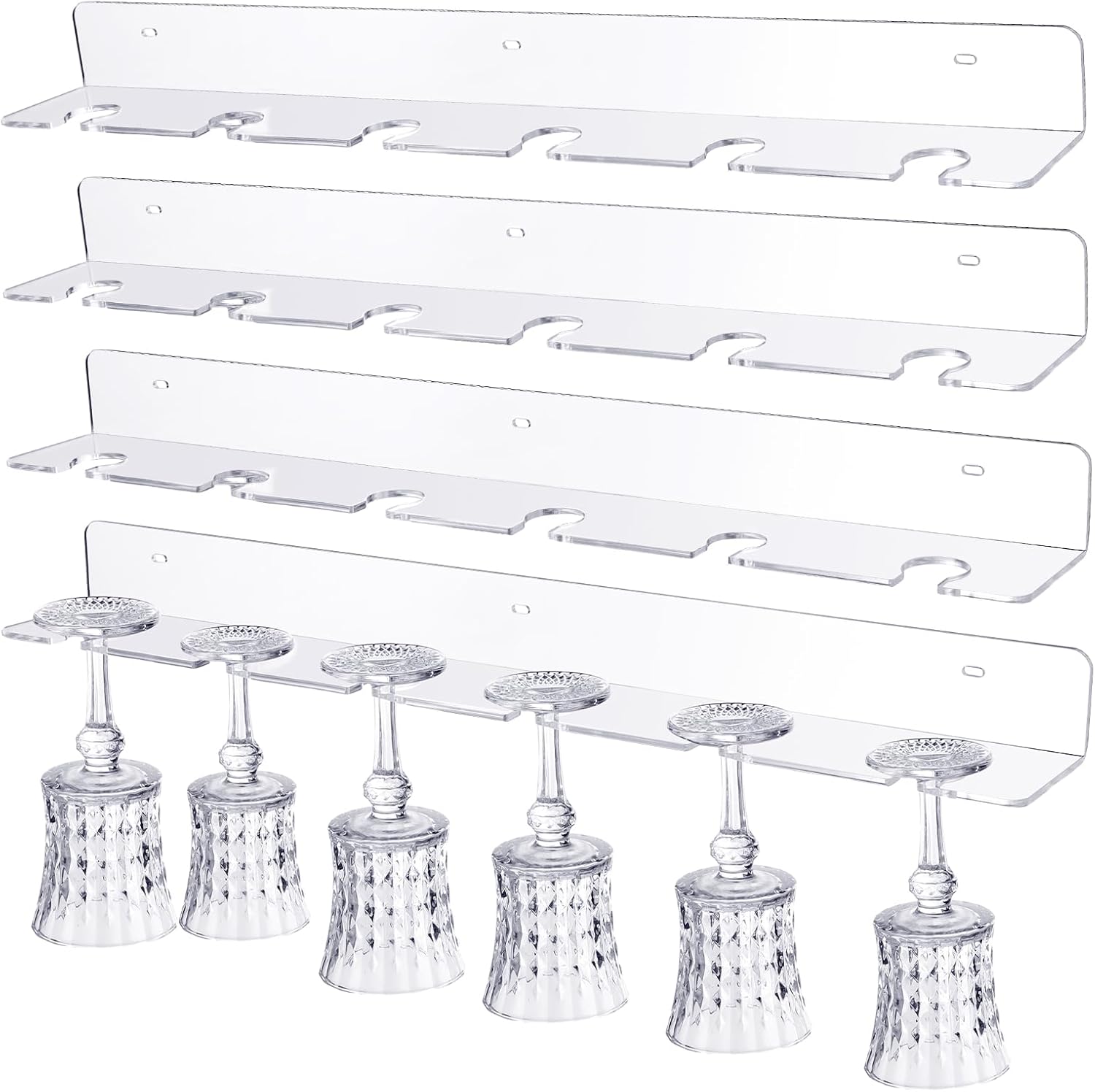 4 soportes acrílicos para copas de vino, color champán, soporte de pared montado en la pared, estante para copas de vino debajo del gabinete,